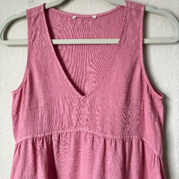 Boho Linen V-Neck Pink Mini Dress Beachy Boho Lagenlook Natural Summer - Picture 2 of 8